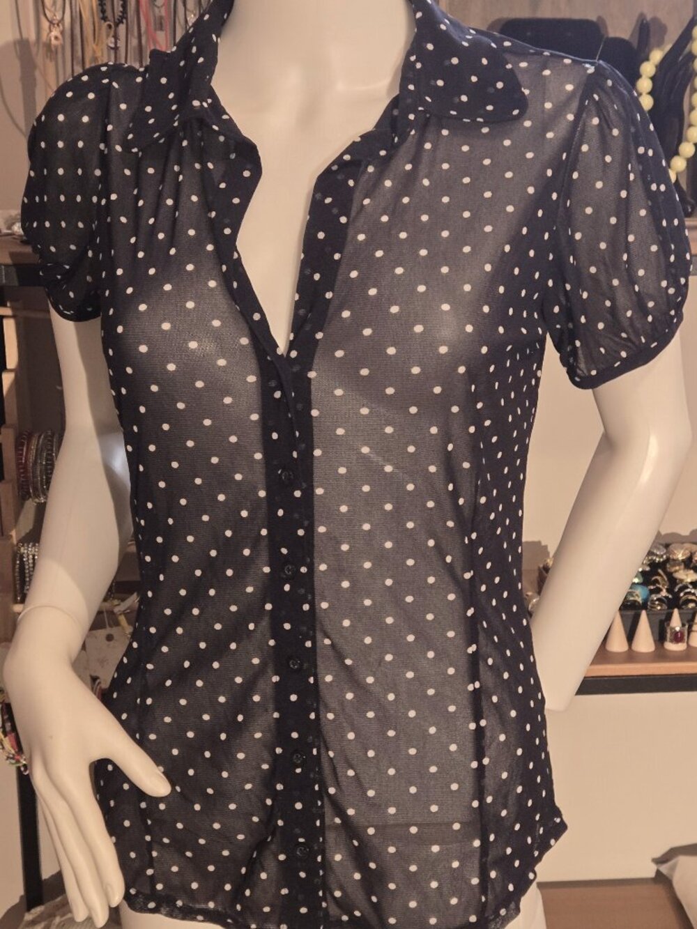 Blue Black Polkat Dot Sheer Mesh shirt blouse Large fits medium